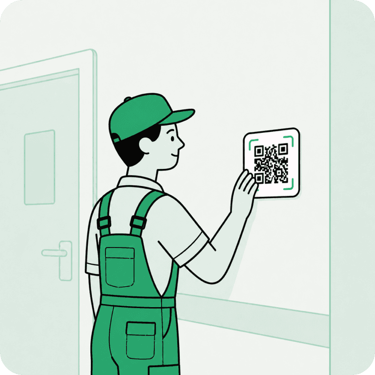 Cleaner placing a QR code on a wall